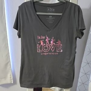 Women's The Beatles LOVE Cirque Du Soleil Gray V-Neck Top With Pink Foil Design